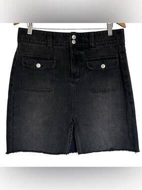 We The Free Women’s Denim Mini Skirt Black Faded Size 30 Raw Hem Pockets Stretch